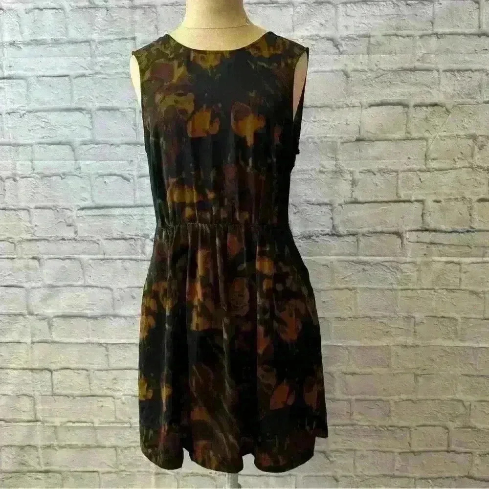 Abstract Print Black & Brown Sundress Knee Length with Pockets Women’s Small